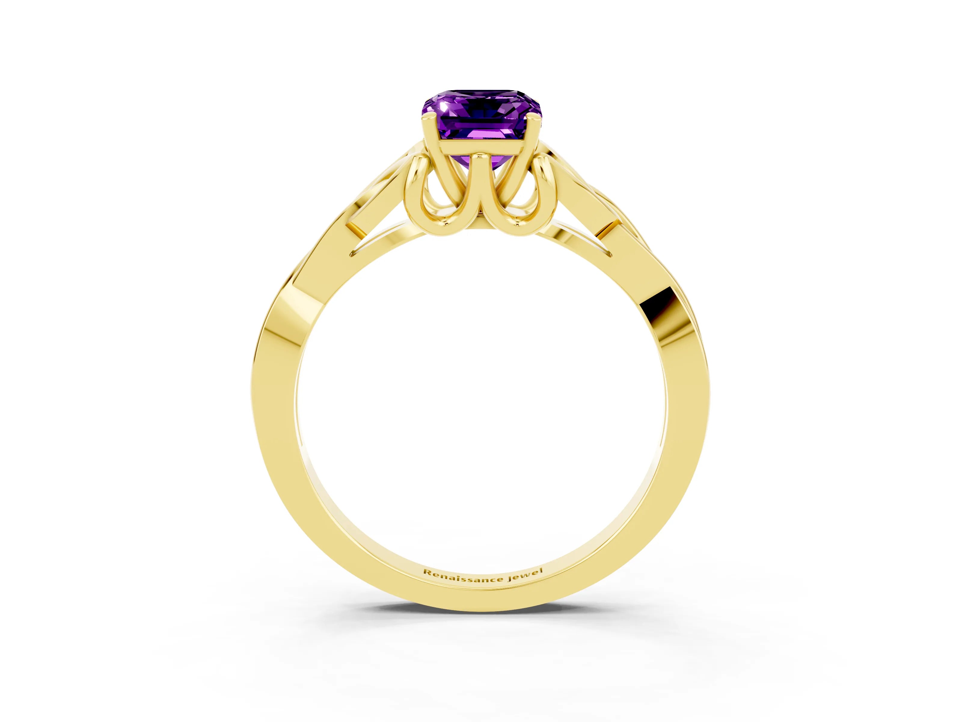 Yellow gold Emerald Cut Amethyst Solitaire Engagement Ring with Celtic Knot Band and Four-Prong Setting_3