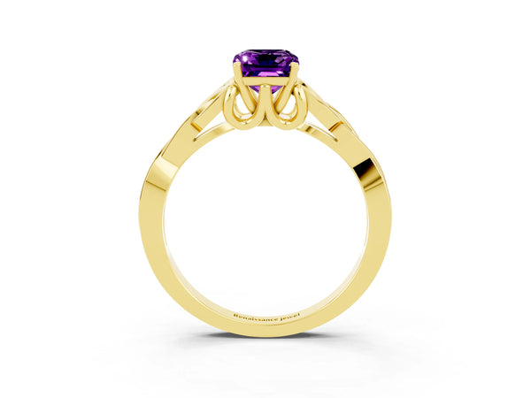 Yellow gold Emerald Cut Amethyst Solitaire Engagement Ring with Celtic Knot Band and Four-Prong Setting