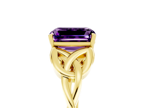 Yellow gold Emerald Cut Amethyst Solitaire Engagement Ring with Celtic Knot Band and Four-Prong Setting_5