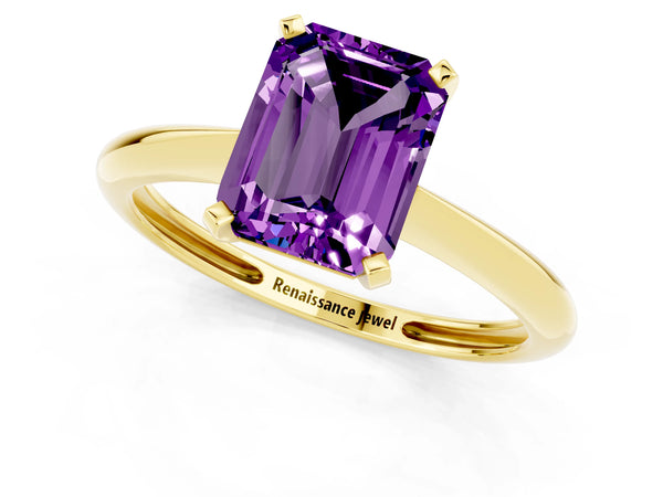 Yellow gold Emerald Cut Amethyst Solitaire Engagement Ring with Classic Band and Four-Prong Setting