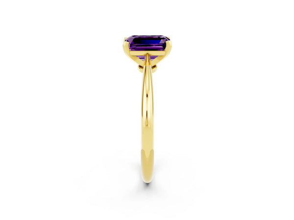 Yellow gold Emerald Cut Amethyst Solitaire Engagement Ring with Classic Band and Four-Prong Setting