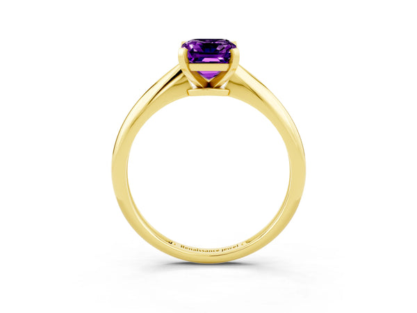 Yellow gold Emerald Cut Amethyst Solitaire Engagement Ring with Classic Band and Four-Prong Setting