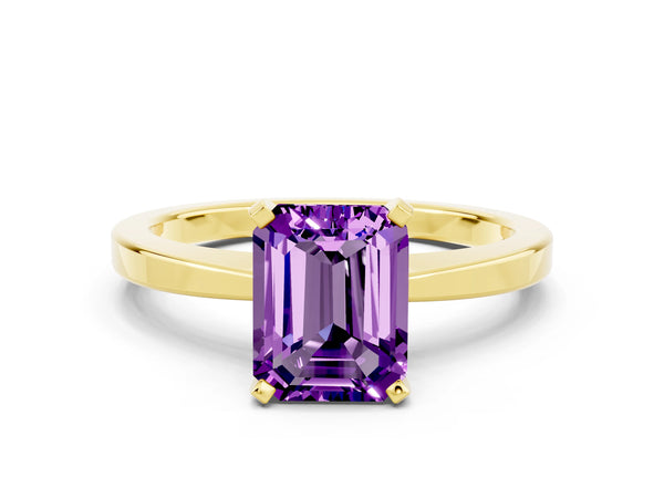 Yellow gold Emerald Cut Amethyst Solitaire Engagement Ring with Classic Band and Four-Prong Setting
