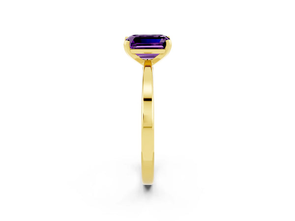 Yellow gold Emerald Cut Amethyst Solitaire Engagement Ring with Classic Band and Four-Prong Setting