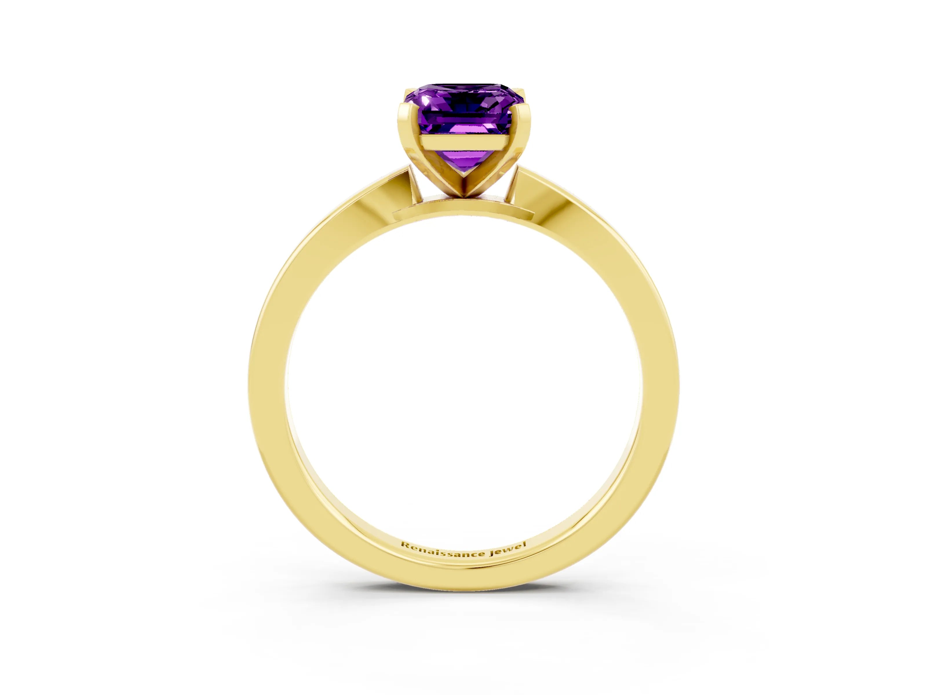 Yellow gold Emerald Cut Amethyst Solitaire Engagement Ring with Classic Band and Four-Prong Setting_27