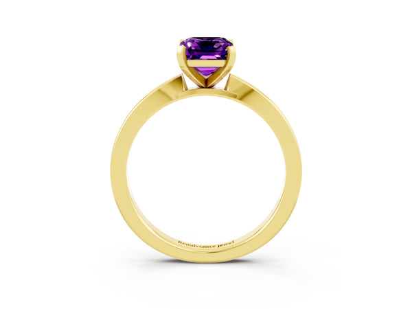 Yellow gold Emerald Cut Amethyst Solitaire Engagement Ring with Classic Band and Four-Prong Setting