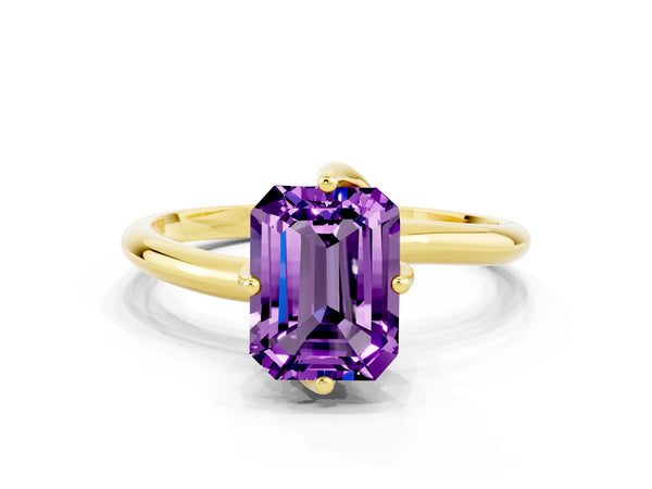 Yellow gold Emerald Cut Amethyst Solitaire Engagement Ring with Four-Prong Setting and Classic Band