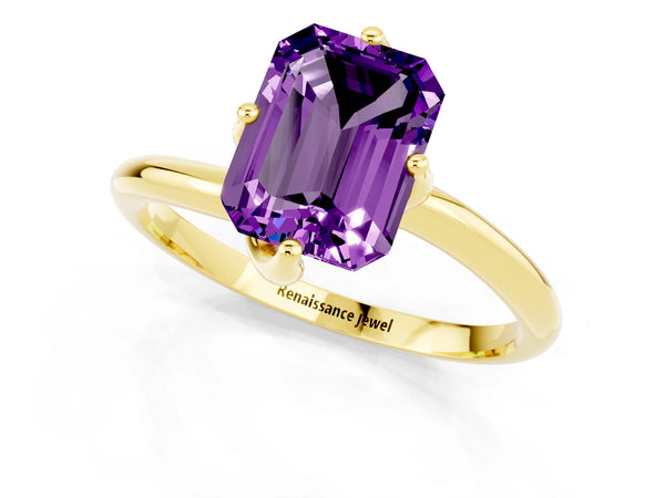 Yellow gold Emerald Cut Amethyst Solitaire Engagement Ring with Four-Prong Setting and Classic Band