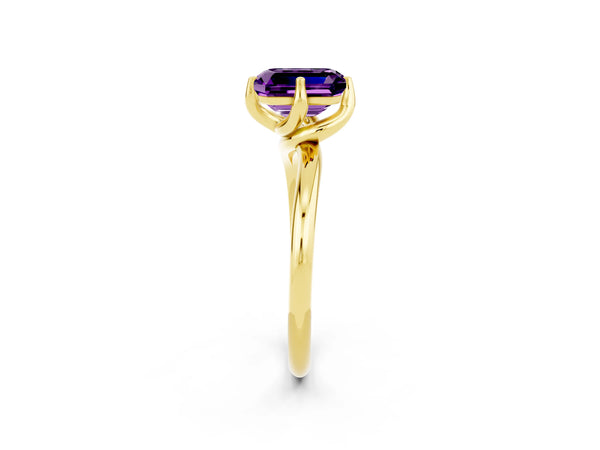 Yellow gold Emerald Cut Amethyst Solitaire Engagement Ring with Four-Prong Setting and Classic Band