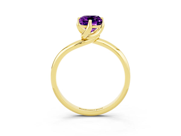 Yellow gold Emerald Cut Amethyst Solitaire Engagement Ring with Four-Prong Setting and Classic Band
