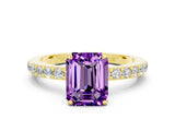 Yellow gold Emerald Cut Amethyst Solitaire Engagement Ring with Pavé Band and Four-Prong Setting