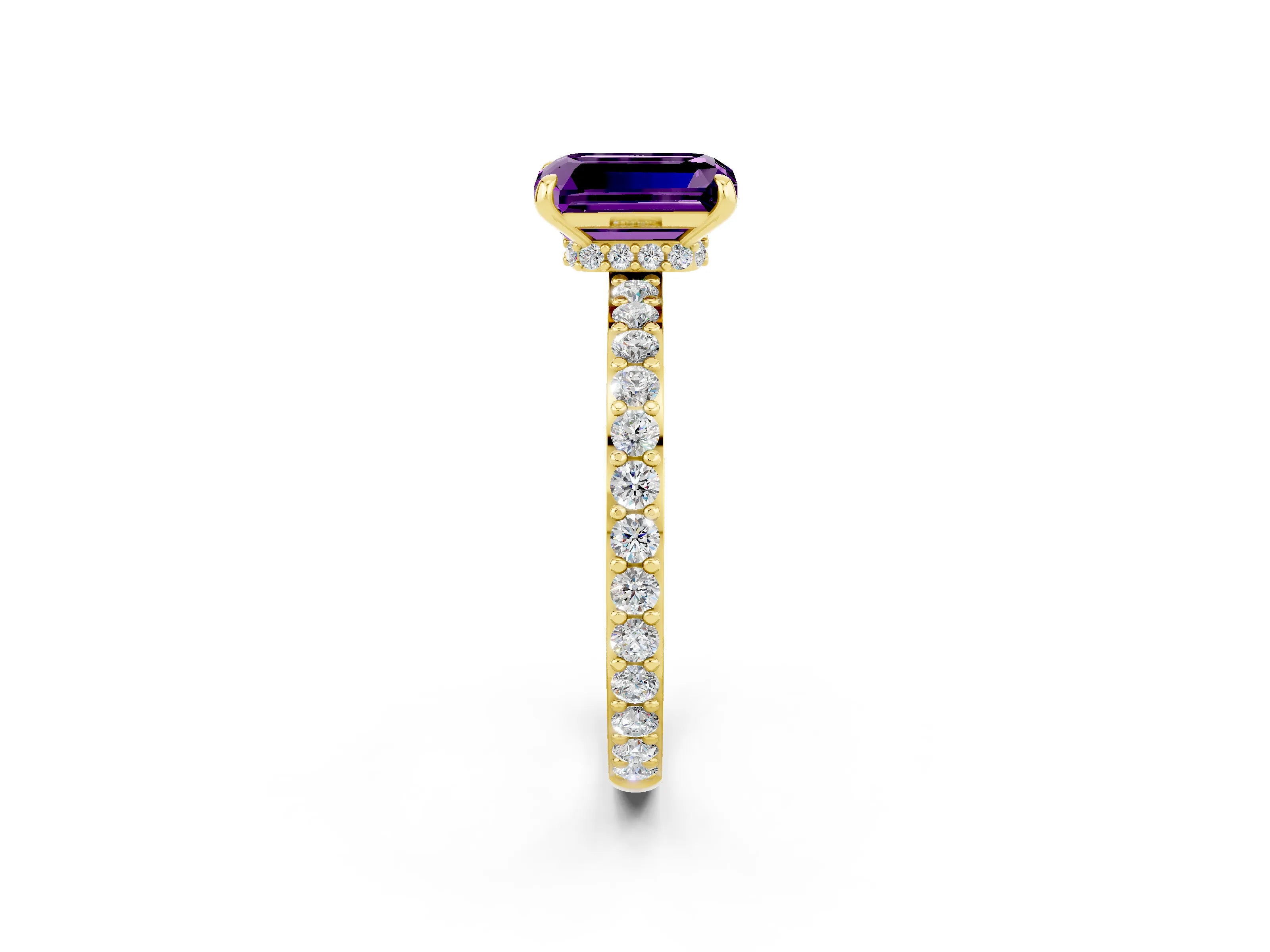 Yellow gold Emerald Cut Amethyst Solitaire Engagement Ring with Pavé Band and Four-Prong Setting_2