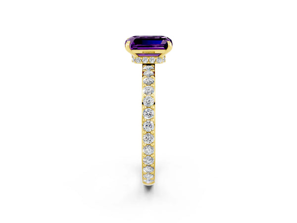 Yellow gold Emerald Cut Amethyst Solitaire Engagement Ring with Pavé Band and Four-Prong Setting