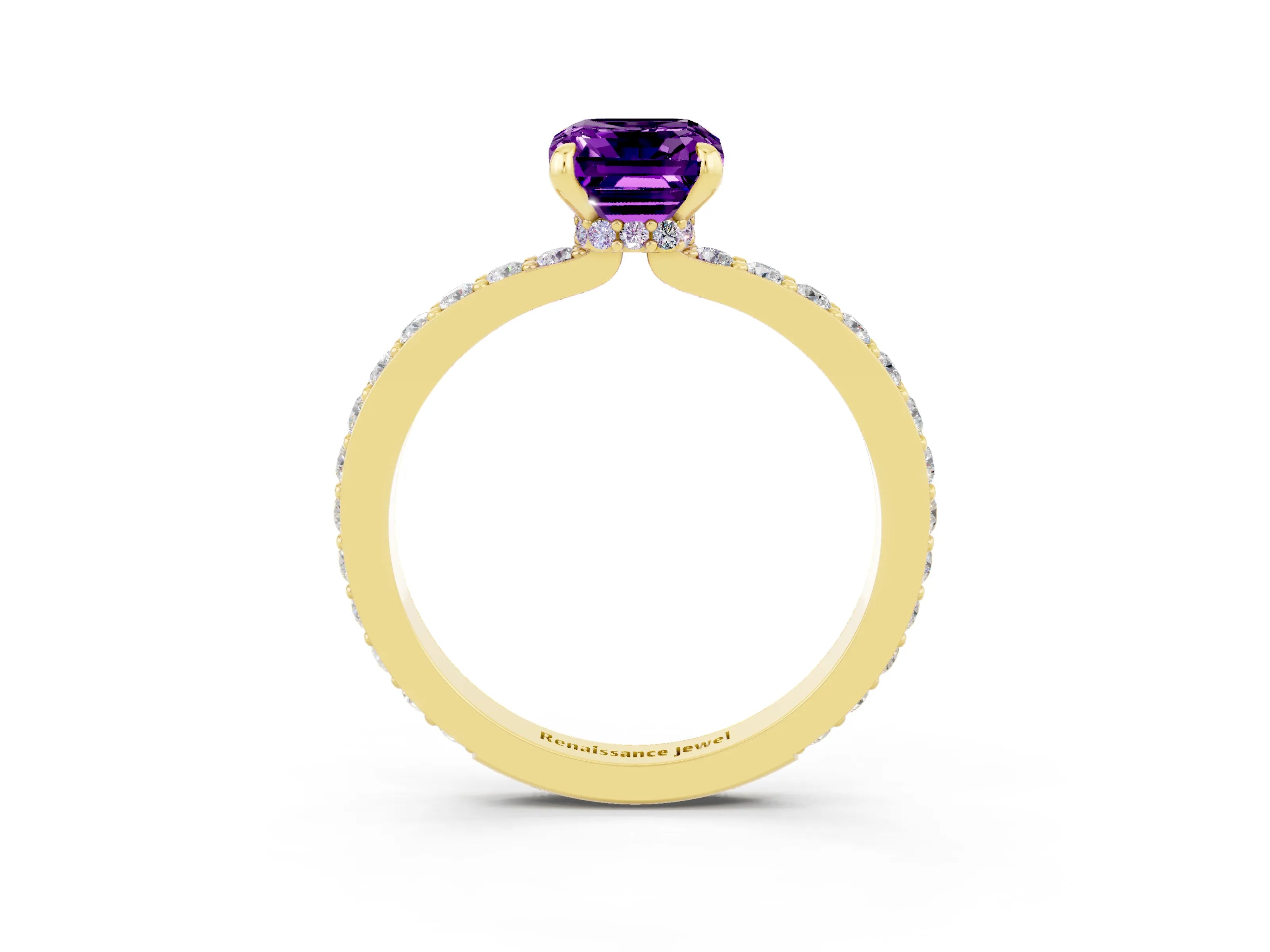 Yellow gold Emerald Cut Amethyst Solitaire Engagement Ring with Pavé Band and Four-Prong Setting_3