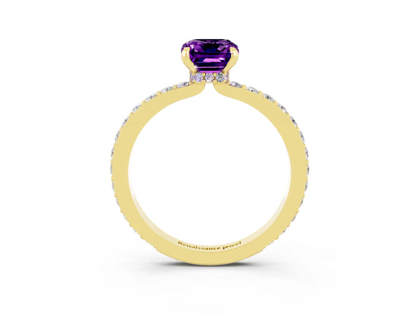 Yellow gold Emerald Cut Amethyst Solitaire Engagement Ring with Pavé Band and Four-Prong Setting