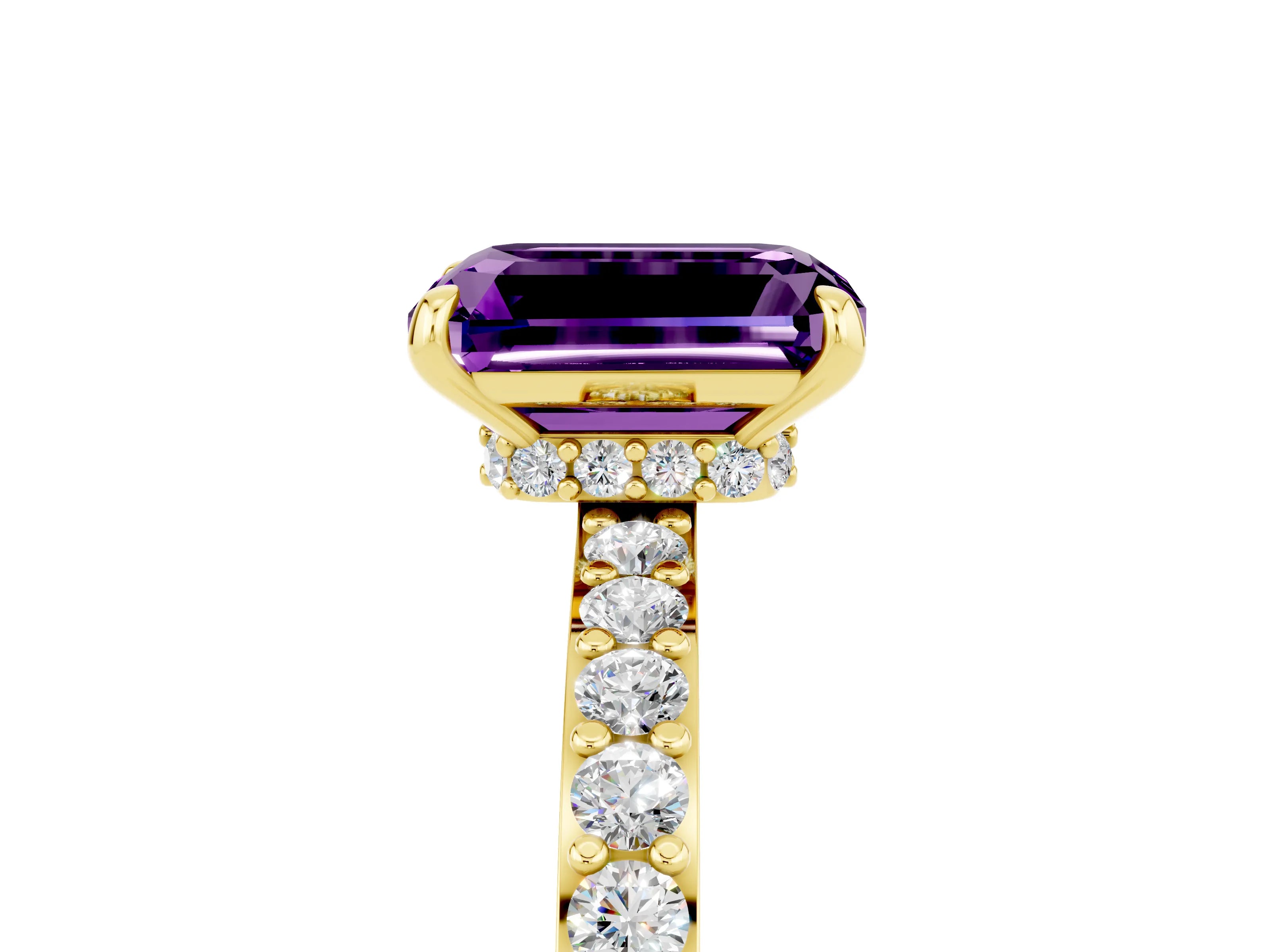 Yellow gold Emerald Cut Amethyst Solitaire Engagement Ring with Pavé Band and Four-Prong Setting_5
