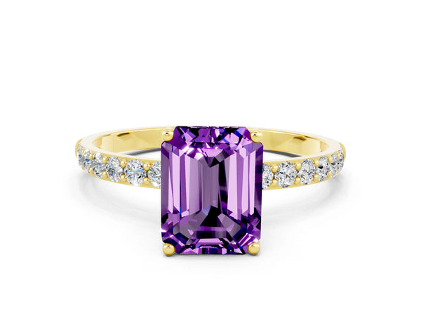 Yellow gold Emerald Cut Amethyst Solitaire Engagement Ring with Round  Pavé Band and Prong Setting