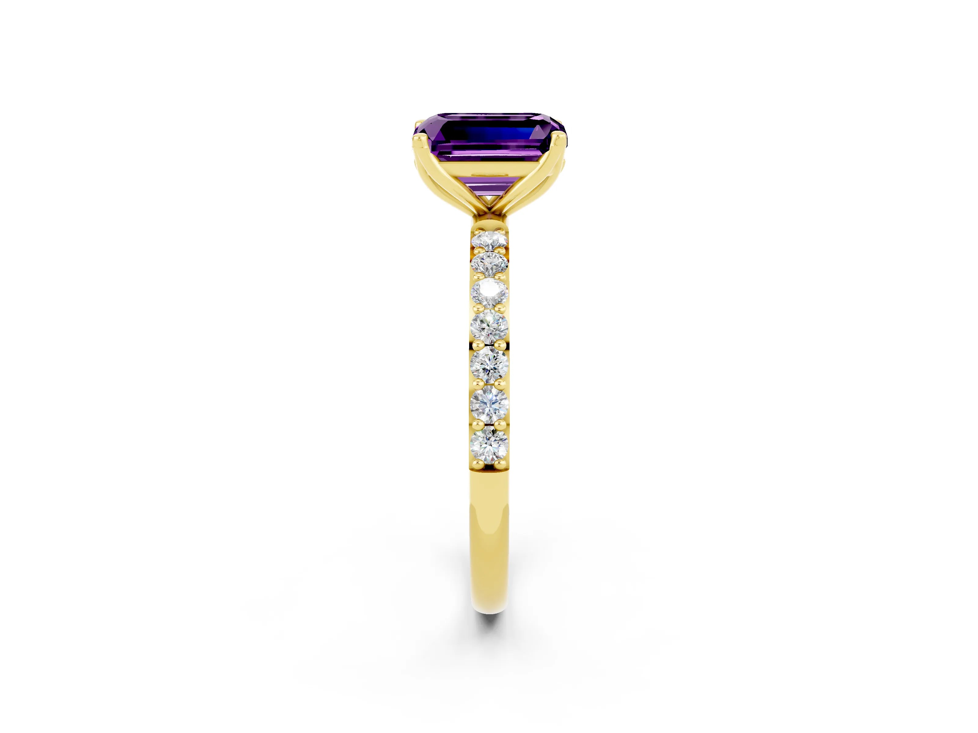 Yellow gold Emerald Cut Amethyst Solitaire Engagement Ring with Pavé Band and Prong Setting_2