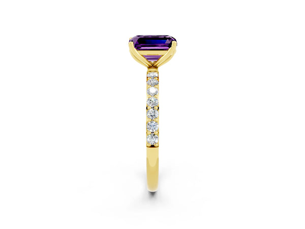 Yellow gold Emerald Cut Amethyst Solitaire Engagement Ring with Round  Pavé Band and Prong Setting
