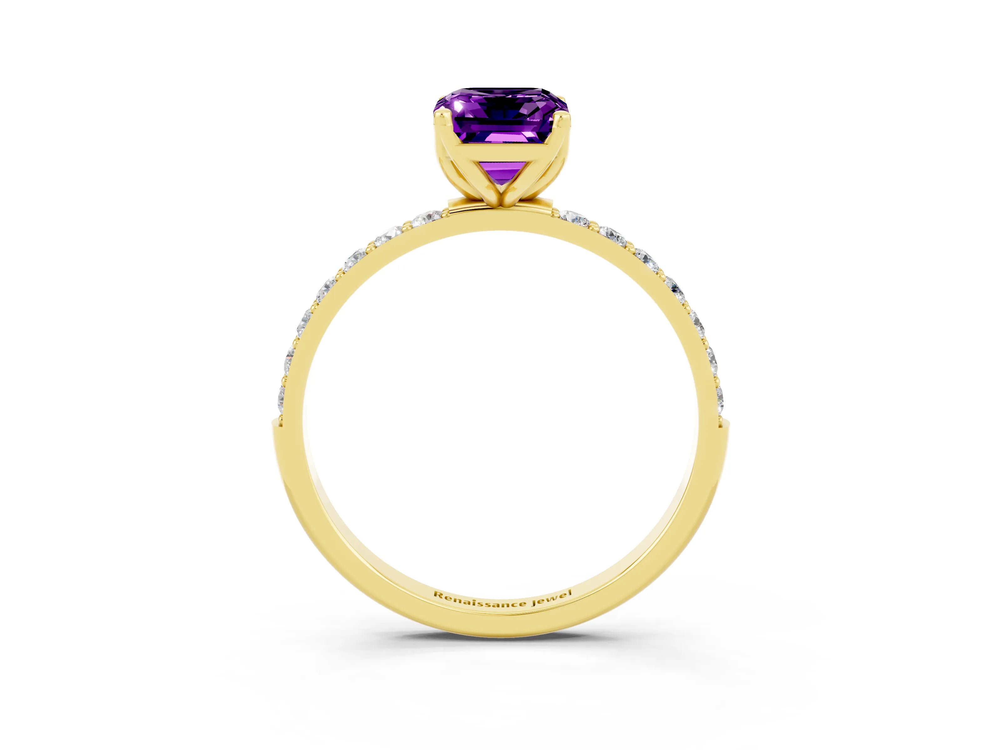 Yellow gold Emerald Cut Amethyst Solitaire Engagement Ring with Pavé Band and Prong Setting_3