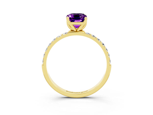 Yellow gold Emerald Cut Amethyst Solitaire Engagement Ring with Round  Pavé Band and Prong Setting