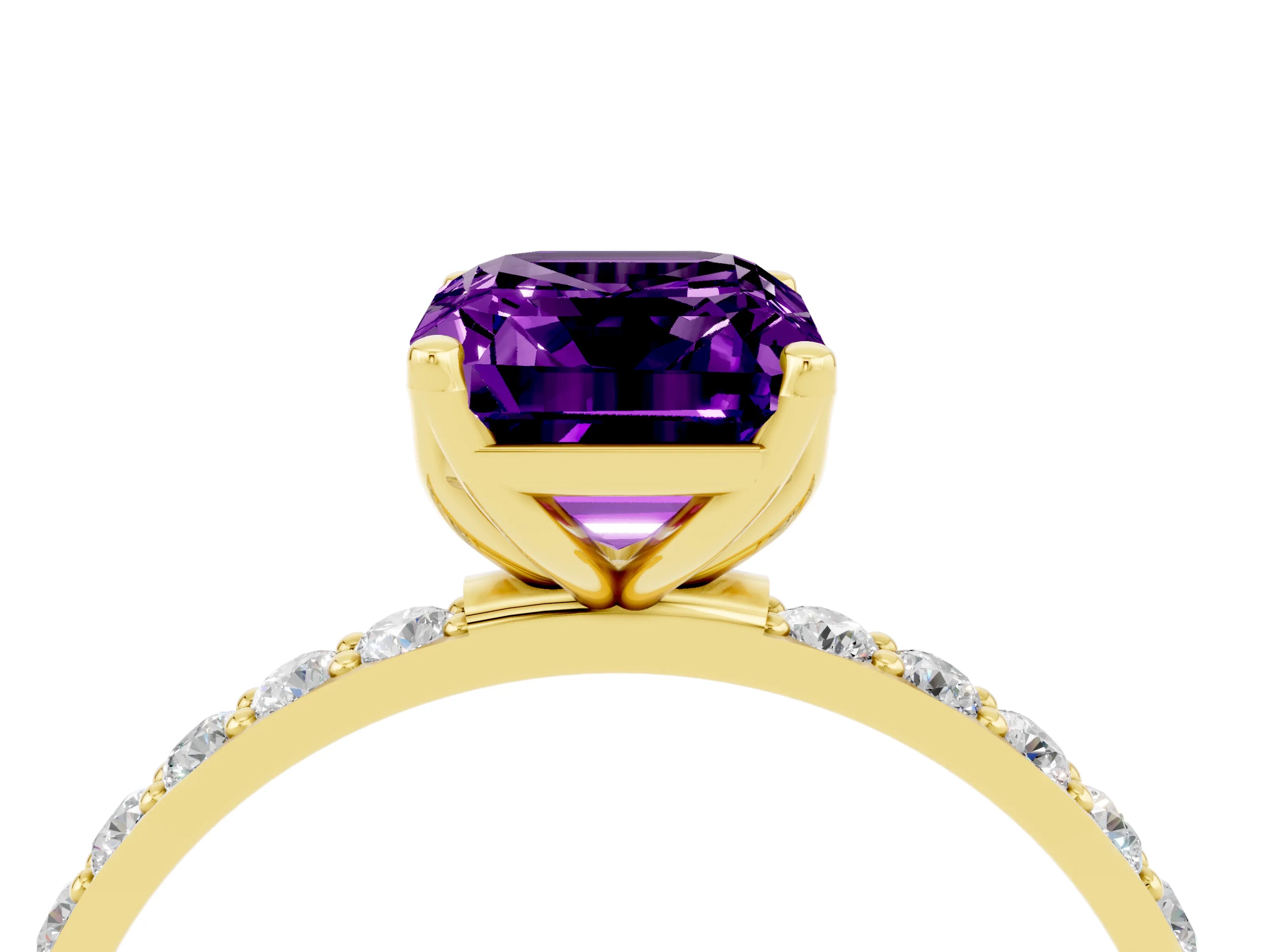Yellow gold Emerald Cut Amethyst Solitaire Engagement Ring with Pavé Band and Prong Setting_4