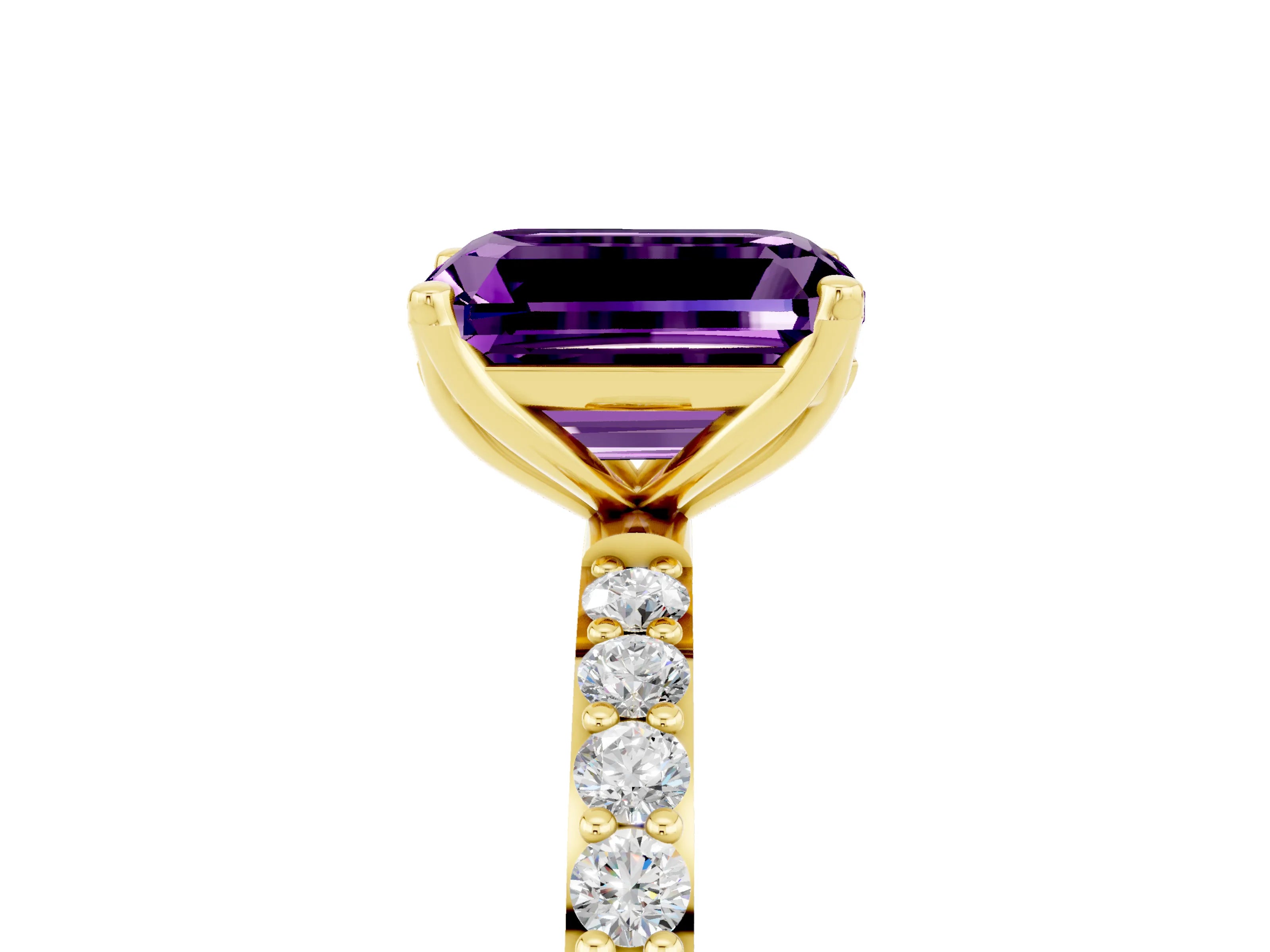 Yellow gold Emerald Cut Amethyst Solitaire Engagement Ring with Pavé Band and Prong Setting_5