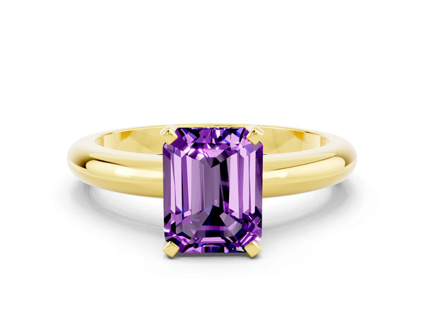 Yellow gold Emerald Cut Amethyst Solitaire Engagement Ring with Round Band and Four-Prong Setting