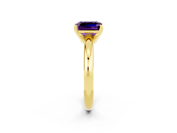 Yellow gold Emerald Cut Amethyst Solitaire Engagement Ring with Round Band and Four-Prong Setting