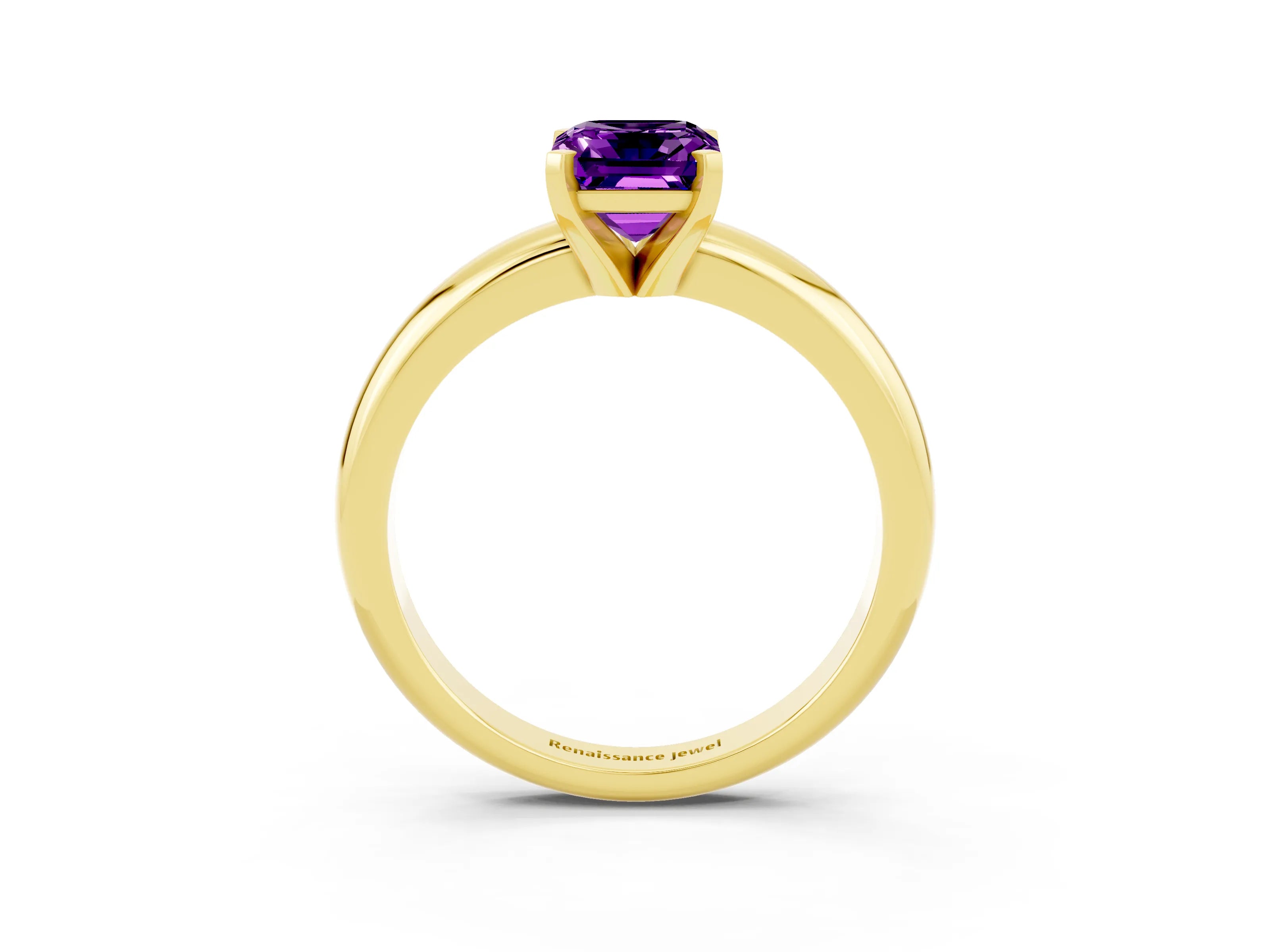 Yellow gold Emerald Cut Amethyst Solitaire Engagement Ring with Round Band and Four-Prong Setting_3