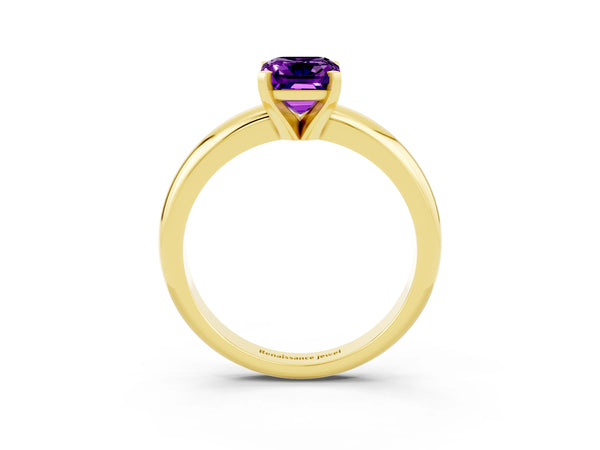 Yellow gold Emerald Cut Amethyst Solitaire Engagement Ring with Round Band and Four-Prong Setting