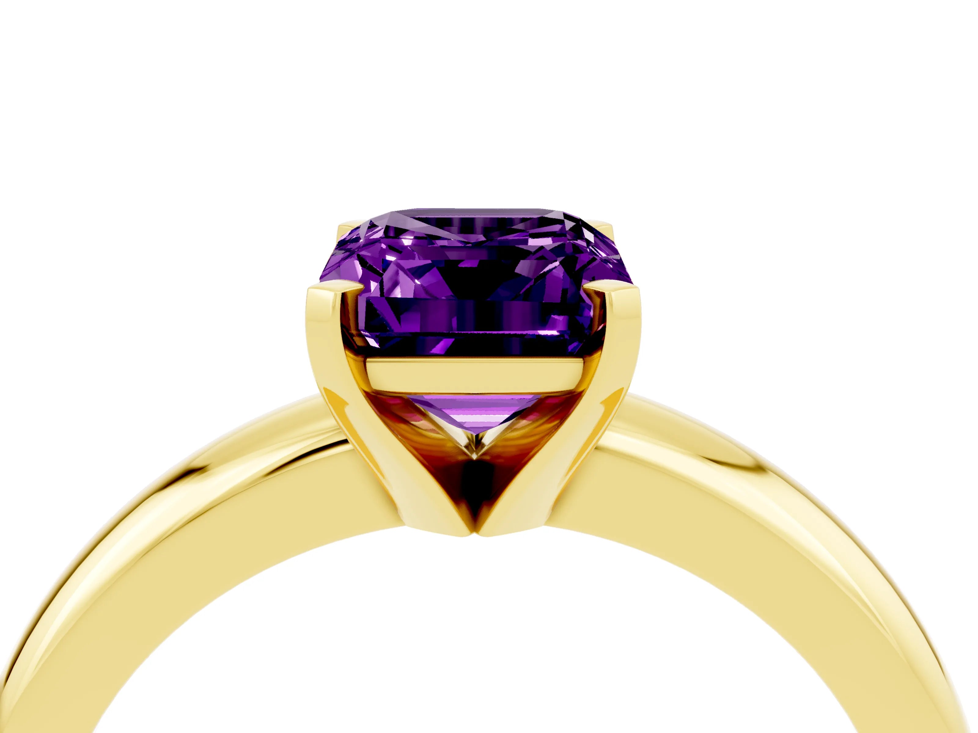 Yellow gold Emerald Cut Amethyst Solitaire Engagement Ring with Round Band and Four-Prong Setting_4