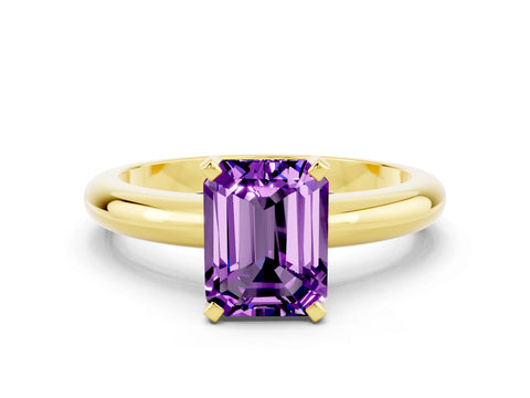 Yellow gold Emerald Cut Amethyst Solitaire Engagement Ring with Round Band and Four-Prong Setting