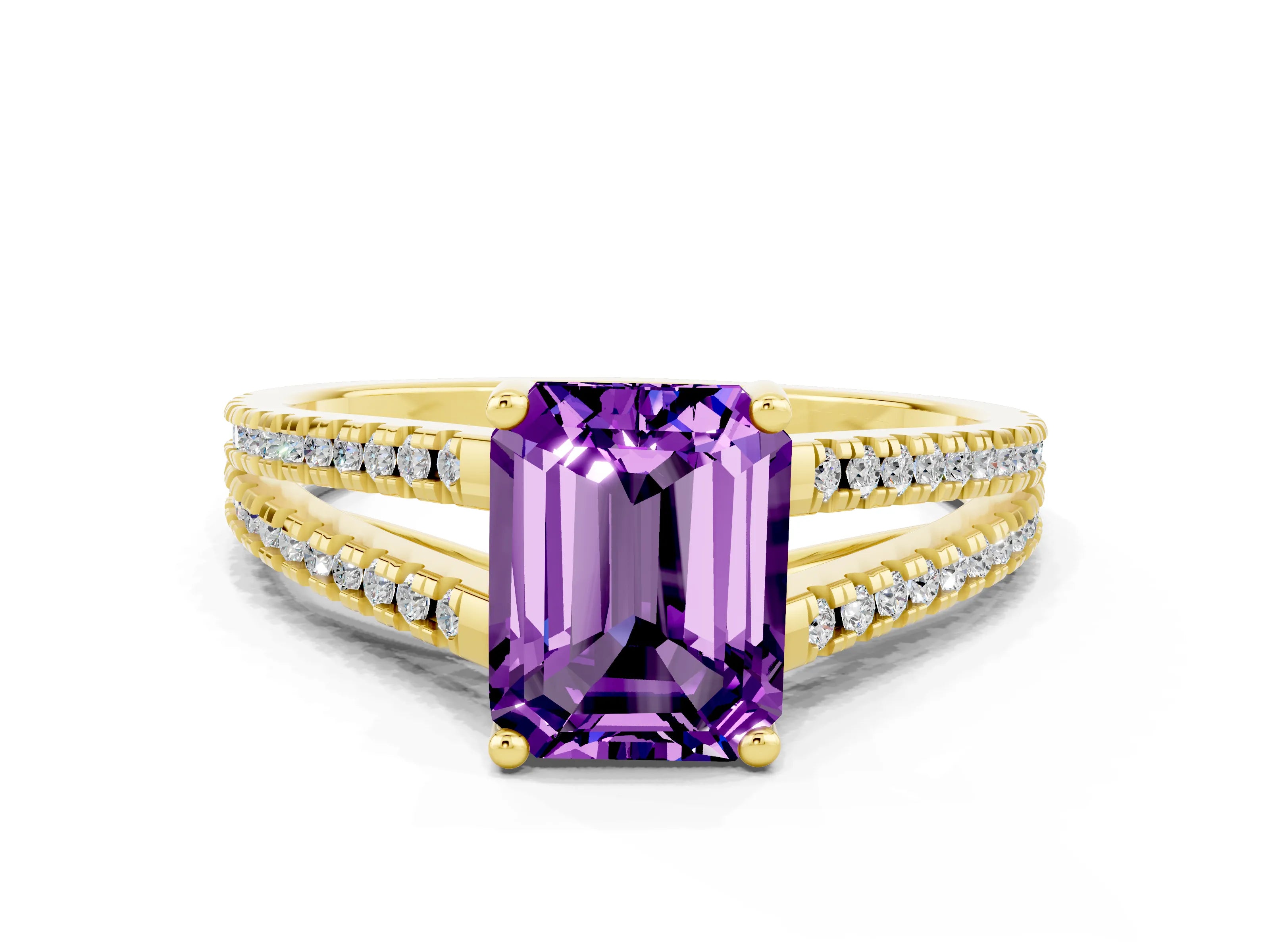 Yellow gold Emerald Cut Amethyst Solitaire Engagement Ring with Split Shank Pavé Band