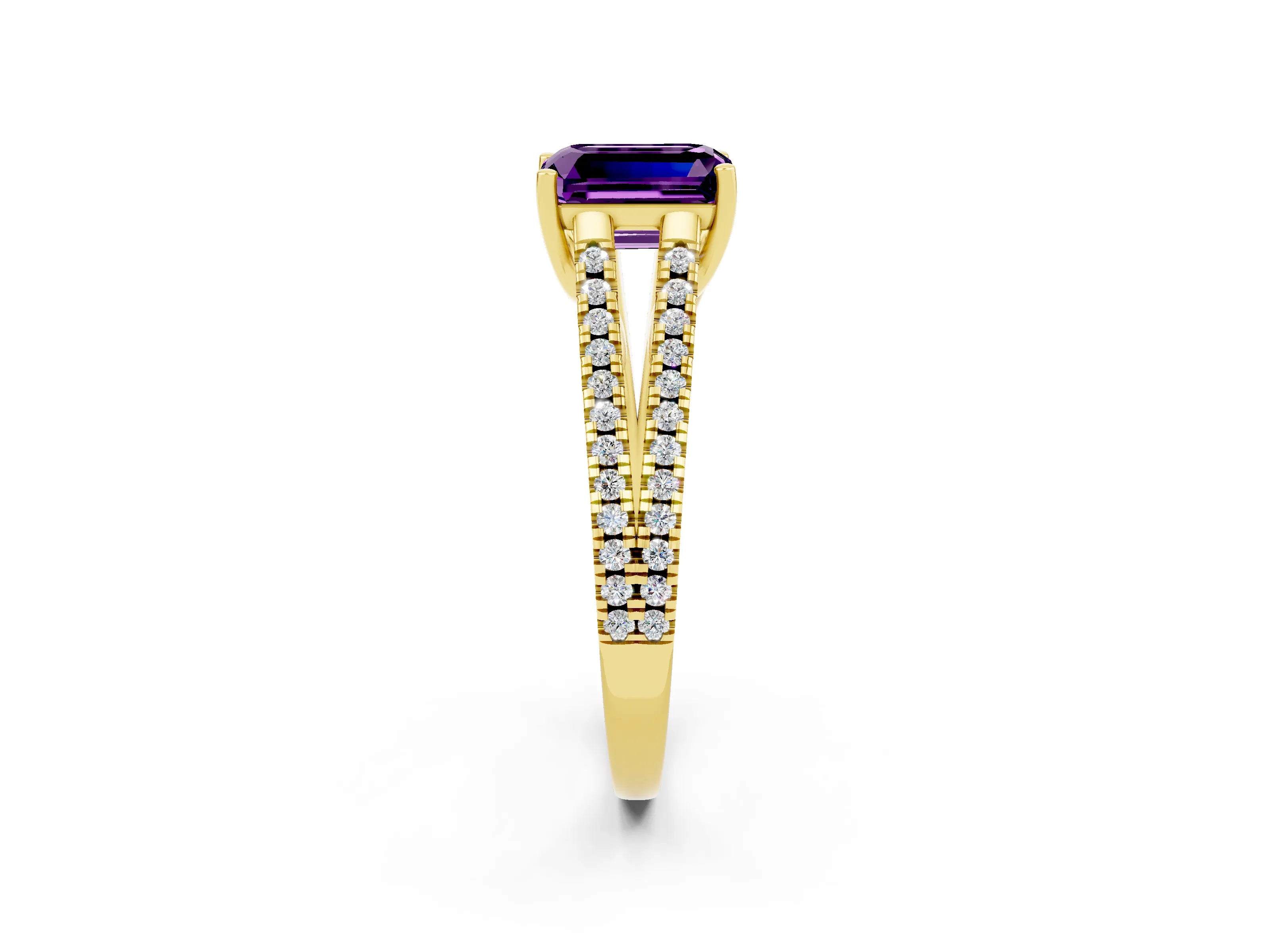 Yellow gold Emerald Cut Amethyst Solitaire Engagement Ring with Split Shank Pavé Band_2