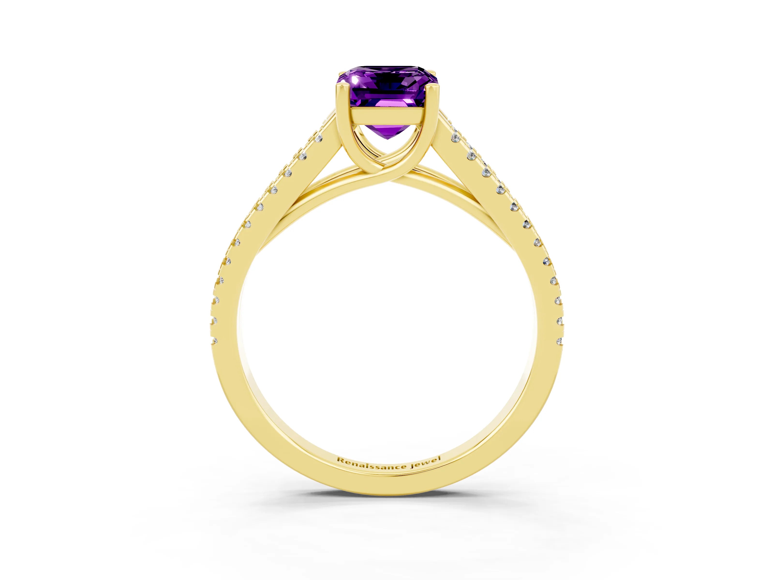 Yellow gold Emerald Cut Amethyst Solitaire Engagement Ring with Split Shank Pavé Band_3