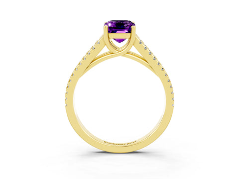 Yellow gold Emerald Cut Amethyst Solitaire Engagement Ring with Split Shank Pavé Band_3