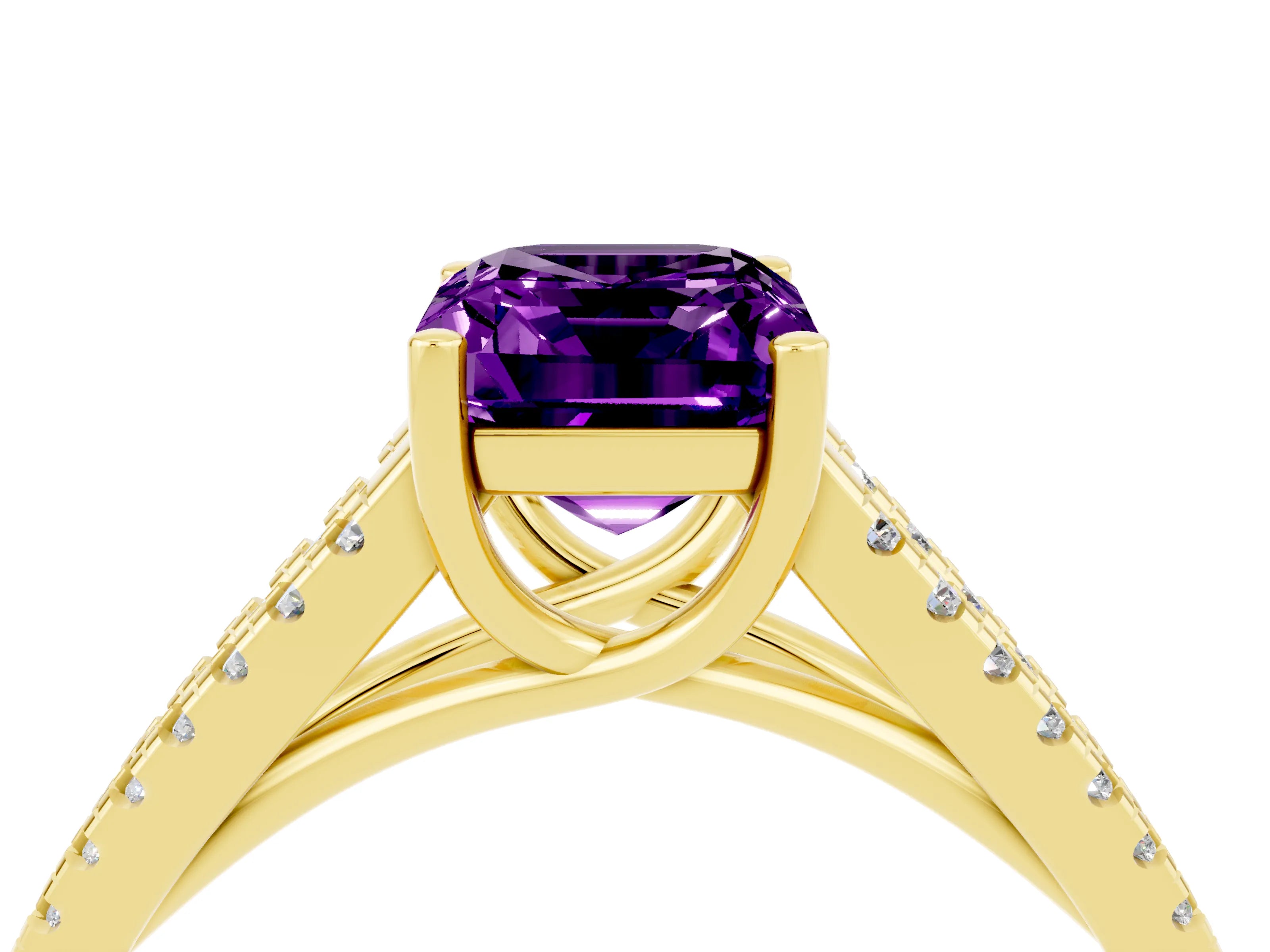 Yellow gold Emerald Cut Amethyst Solitaire Engagement Ring with Split Shank Pavé Band_4