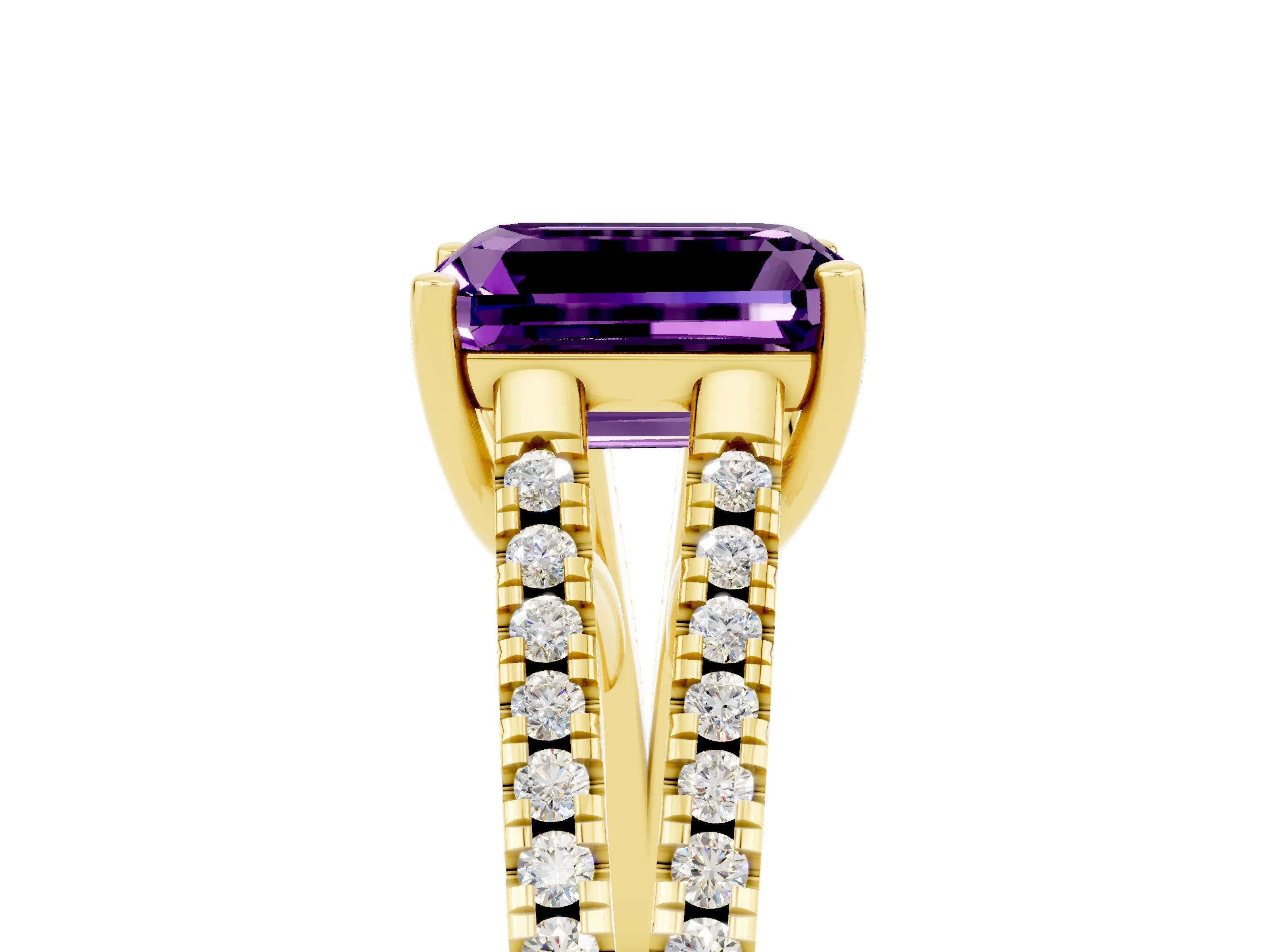 Yellow gold Emerald Cut Amethyst Solitaire Engagement Ring with Split Shank Pavé Band_5