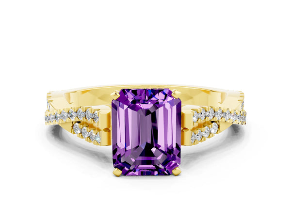 Yellow gold Emerald Cut Amethyst Solitaire Engagement Ring with Twisted Pavé Band and Four-Prong Setting