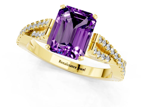 Yellow gold Emerald Cut Amethyst Solitaire Engagement Ring with Twisted Pavé Band and Four-Prong Setting_1