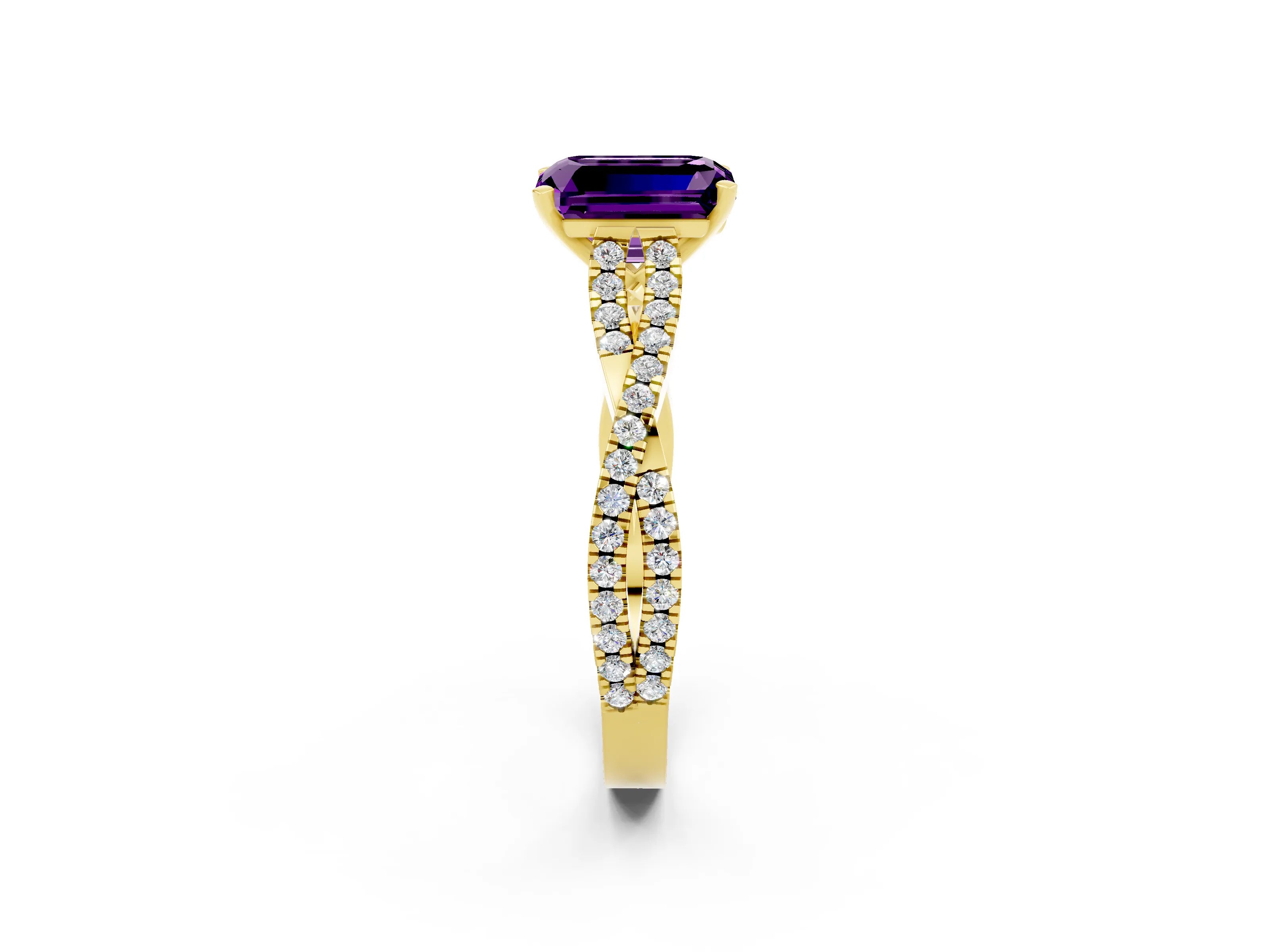 Yellow gold Emerald Cut Amethyst Solitaire Engagement Ring with Twisted Pavé Band and Four-Prong Setting_2