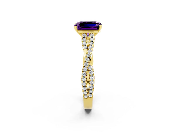 Yellow gold Emerald Cut Amethyst Solitaire Engagement Ring with Twisted Pavé Band and Four-Prong Setting