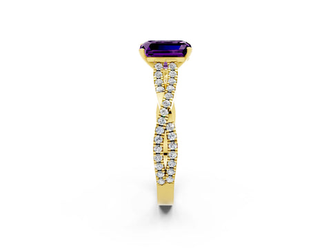 Yellow gold Emerald Cut Amethyst Solitaire Engagement Ring with Twisted Pavé Band and Four-Prong Setting_2