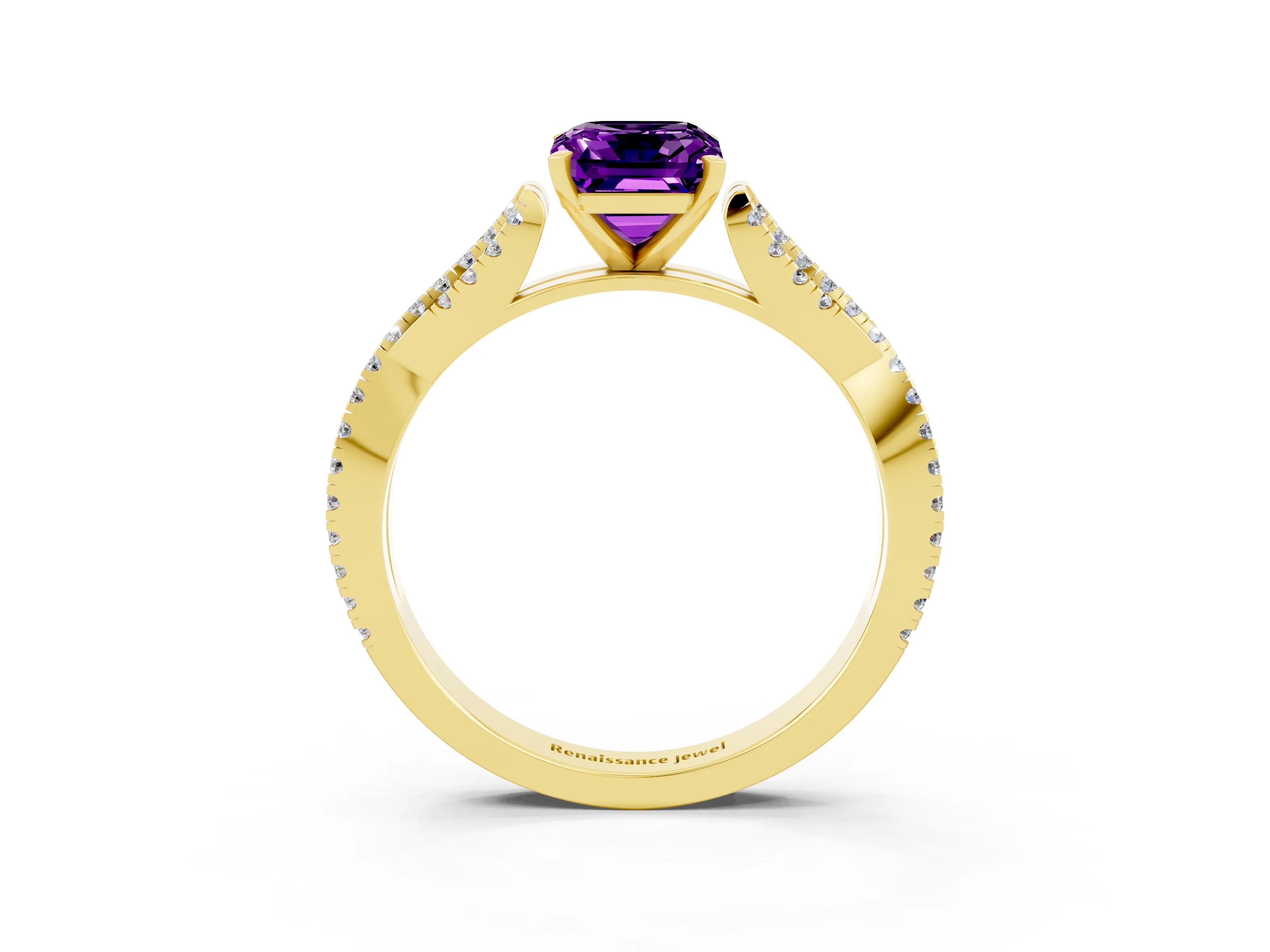 Yellow gold Emerald Cut Amethyst Solitaire Engagement Ring with Twisted Pavé Band and Four-Prong Setting_3