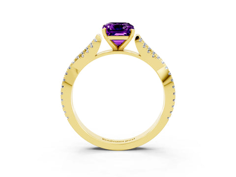 Yellow gold Emerald Cut Amethyst Solitaire Engagement Ring with Twisted Pavé Band and Four-Prong Setting_3
