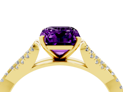 Yellow gold Emerald Cut Amethyst Solitaire Engagement Ring with Twisted Pavé Band and Four-Prong Setting_4