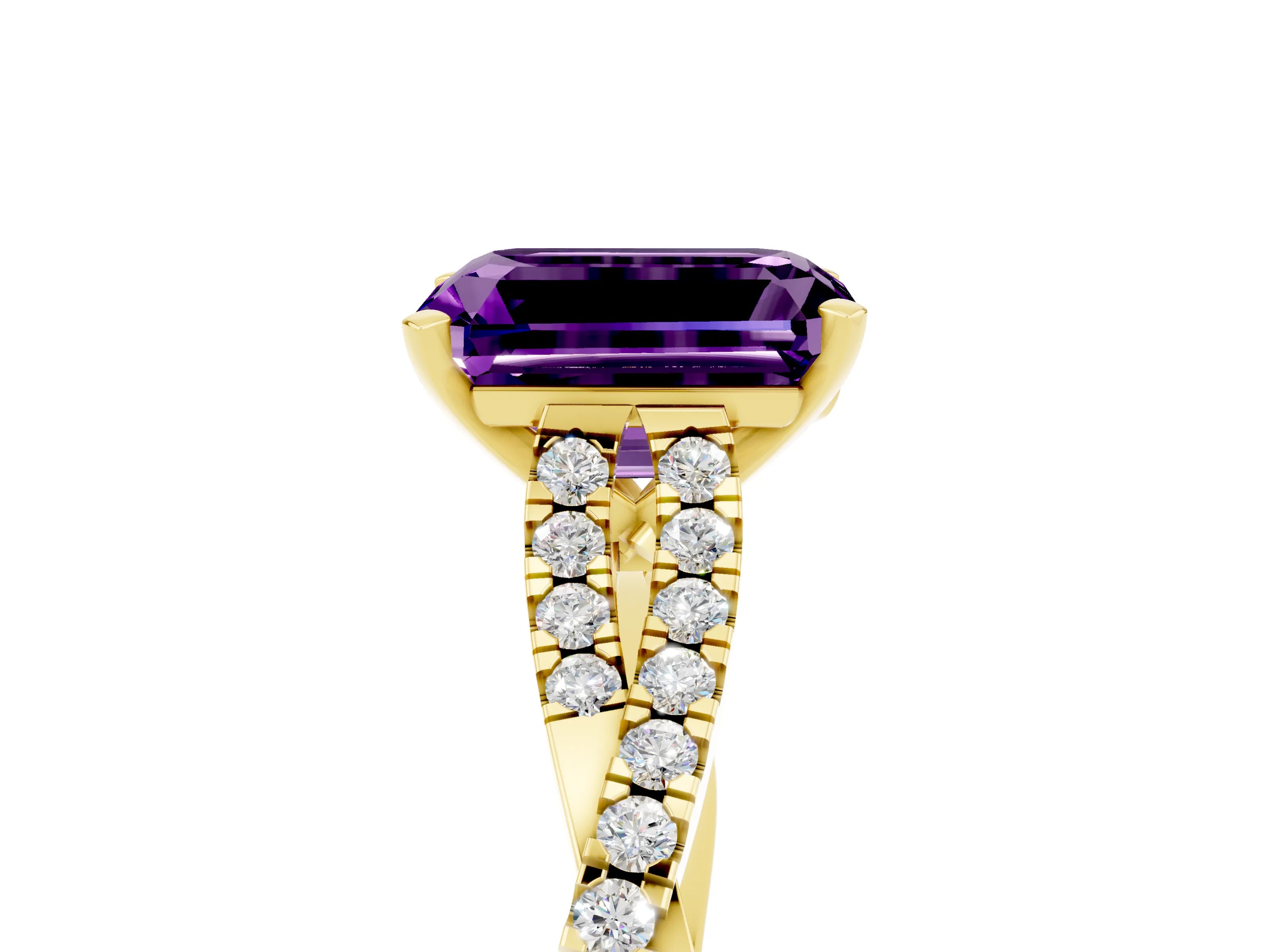 Yellow gold Emerald Cut Amethyst Solitaire Engagement Ring with Twisted Pavé Band and Four-Prong Setting_5