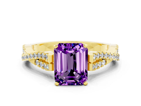 Yellow gold Emerald Cut Amethyst Solitaire Engagement Ring with Twisted Pavé Band and Four-Prong Setting