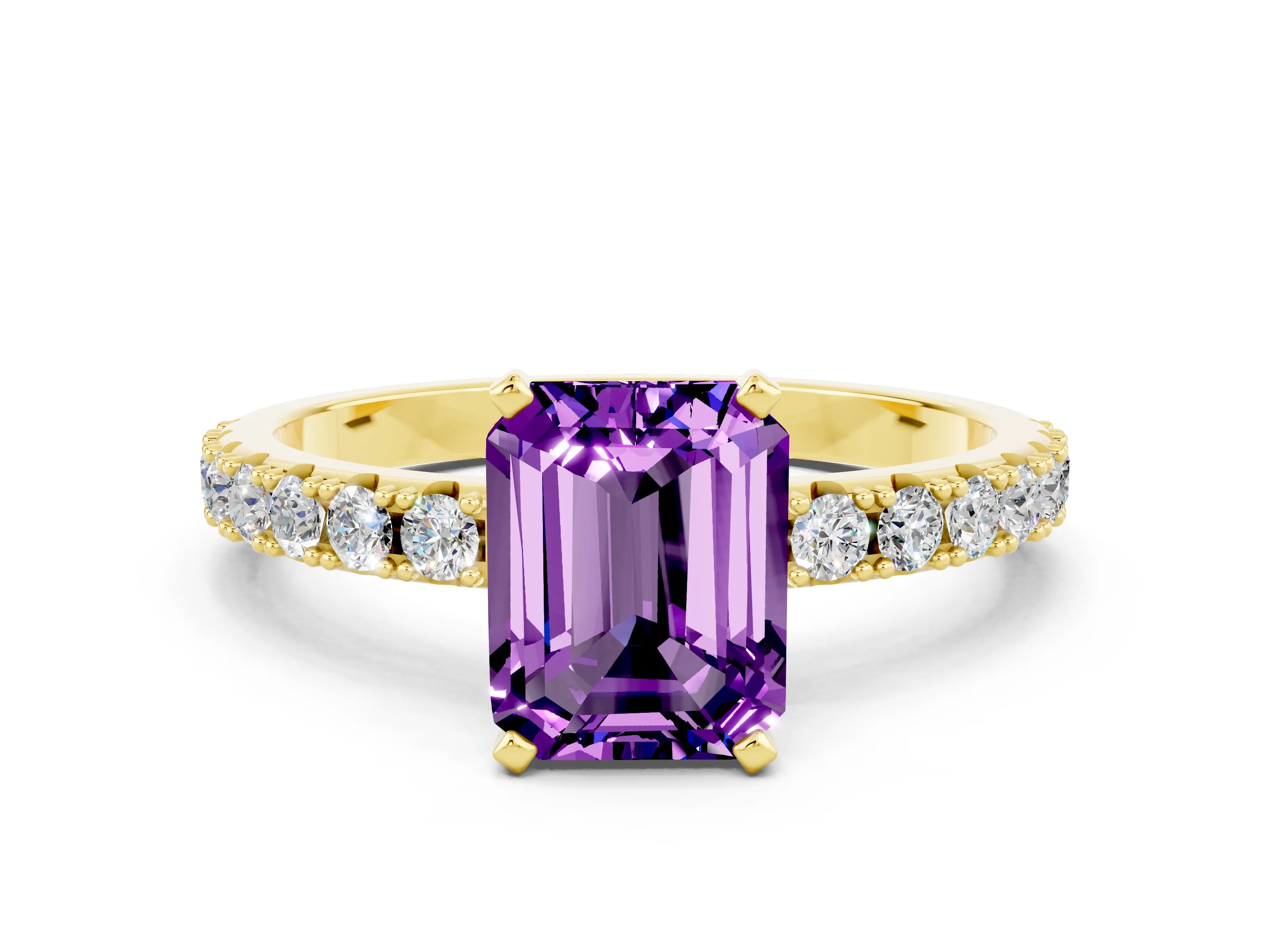 Yellow gold Emerald Cut Amethyst Solitaire Pavé Band with Four-Prong Setting